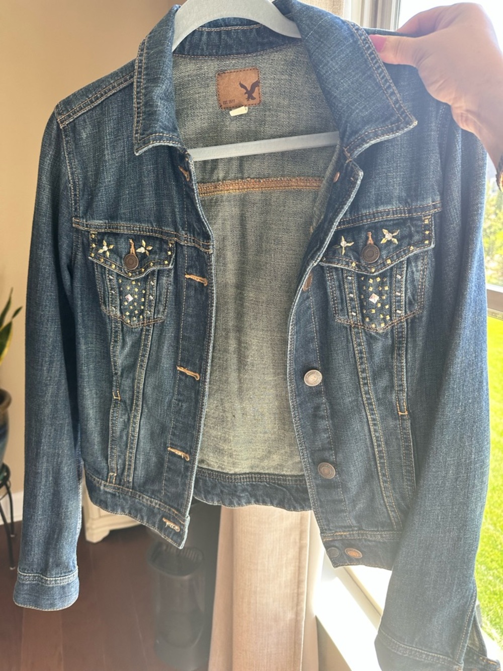 American Eagle Outfitters Dark Blue Embellished Denim Jacket (S)